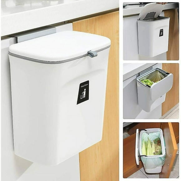 9L Kitchen Hanging Trash Can, Wall Mounted Kitchen Cabinet Door Hanging Foldable Trash Bin with Scraper for Cabinet Doors Bedroom Office Bathroom Home