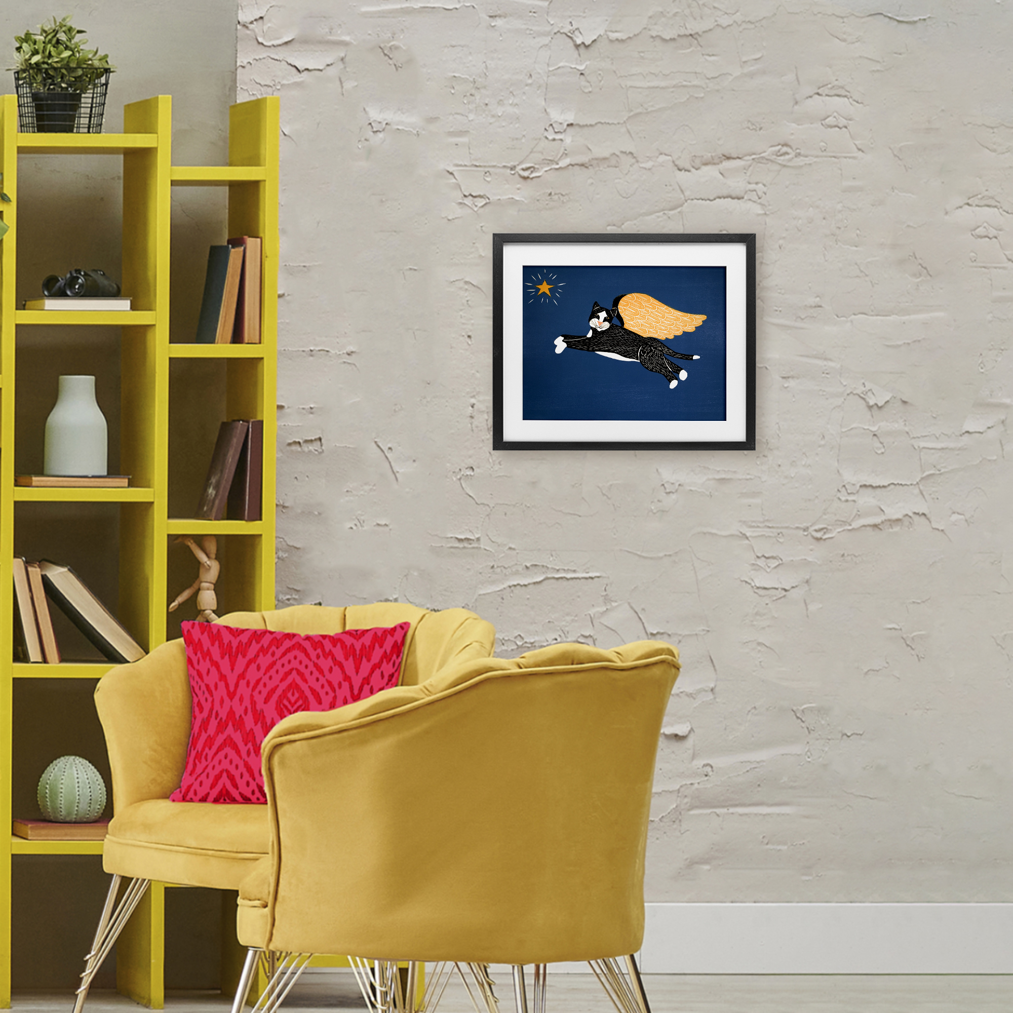 Angel Cat with Star Black Framed Print Under Glass, design by Stephen Huneck