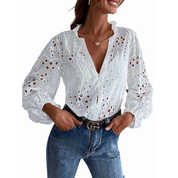 Women Deep V Neck Eyelet Blouses 3/4 Balloon Sleeve Button Down Hollow Out Fall Shirts White XXL