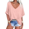 thumbnail image 6 of Summer Rolled Short Sleeve Women V-neck Solid Color Casual Loose T-shirt Tops, 6 of 7