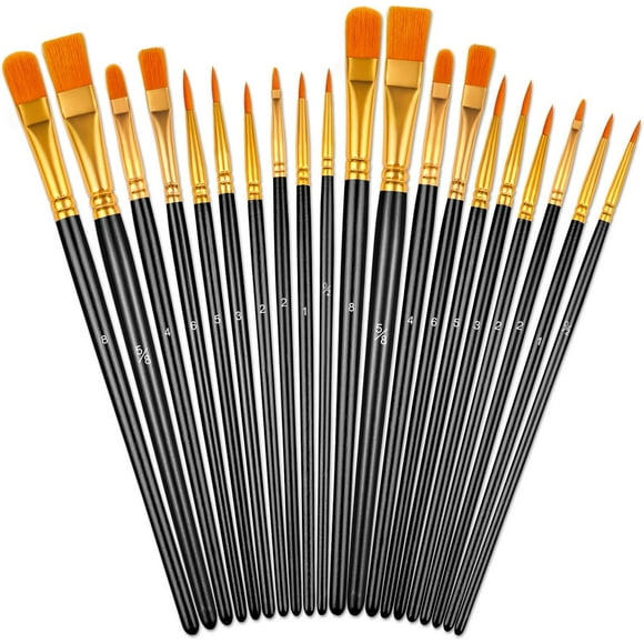 Ensemble de Pinceaux, 20 Pcs Pinceau d'Artiste avec Cheveux en Nylon et Anneau en Bois, Pinceaux pour Peinture à l'Huile Aquarelle Acrylique, Pinceaux d'Art pour Visage, Ongles, Peinture sur Roche, Décorations (20, Noir)
