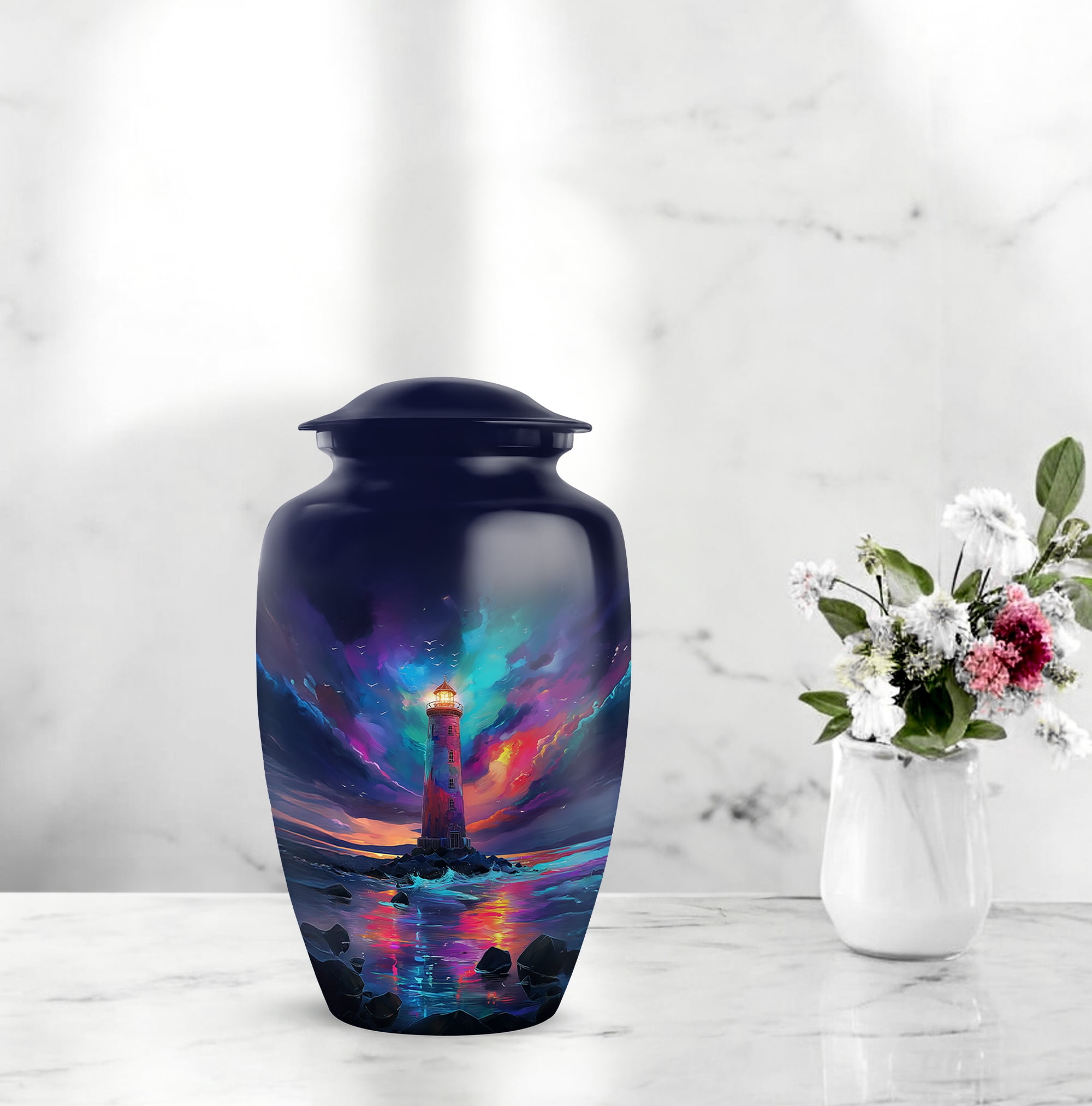 Lighthouse Memorial Urn For Keepsake Large, Blue Keepsake Urns For Human Ashes For Female, Purple Little Cremation Urns For Mom And Dad, 1 Large With Set Of 4 Mini Urn For Sister ,combo 10&3 Inch