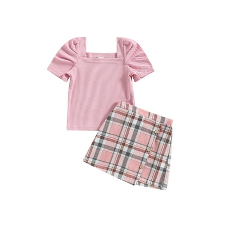 

Sunisery Kids Little Girls Summer Outfits Short Puff Sleeve Ribbed Tops Floral Plaid A-line Skirt Clothes Sets Pink Plaid　5-6 Years