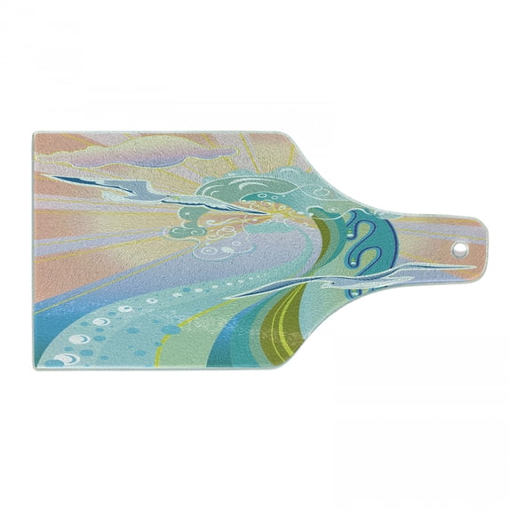 Modern Cutting Board, Cartoon Like Image Waves Birds Foams and Bubbles with Sunset Like Design Art, Decorative Tempered Glass Cutting and Serving Board, Wine Bottle Shape, Multicolor, by Ambesonne