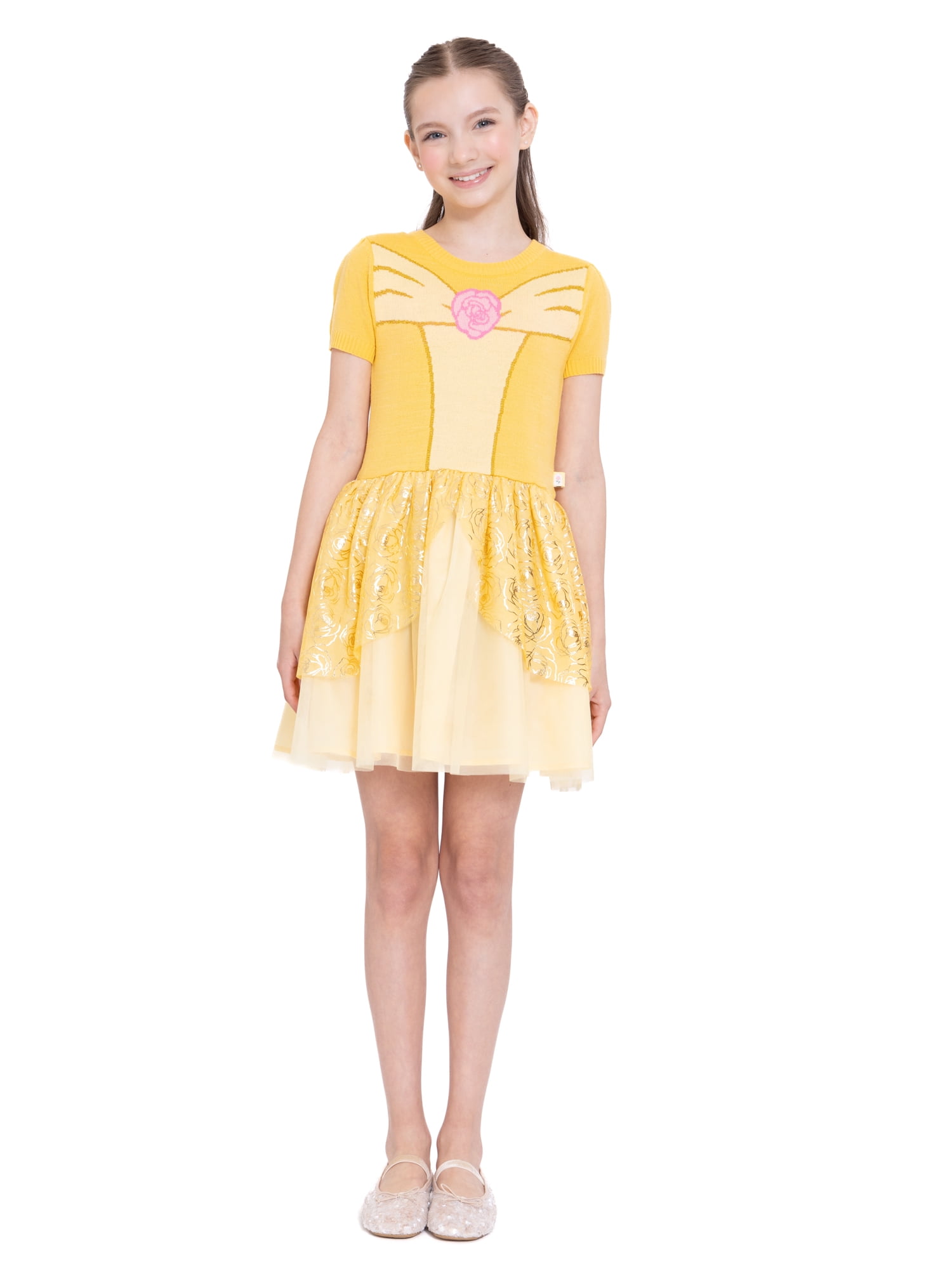 Girls Disney Princess Beauty and the Beast Belle Cosplay Short Sleeve Sweater Dress, Sizes 4-12