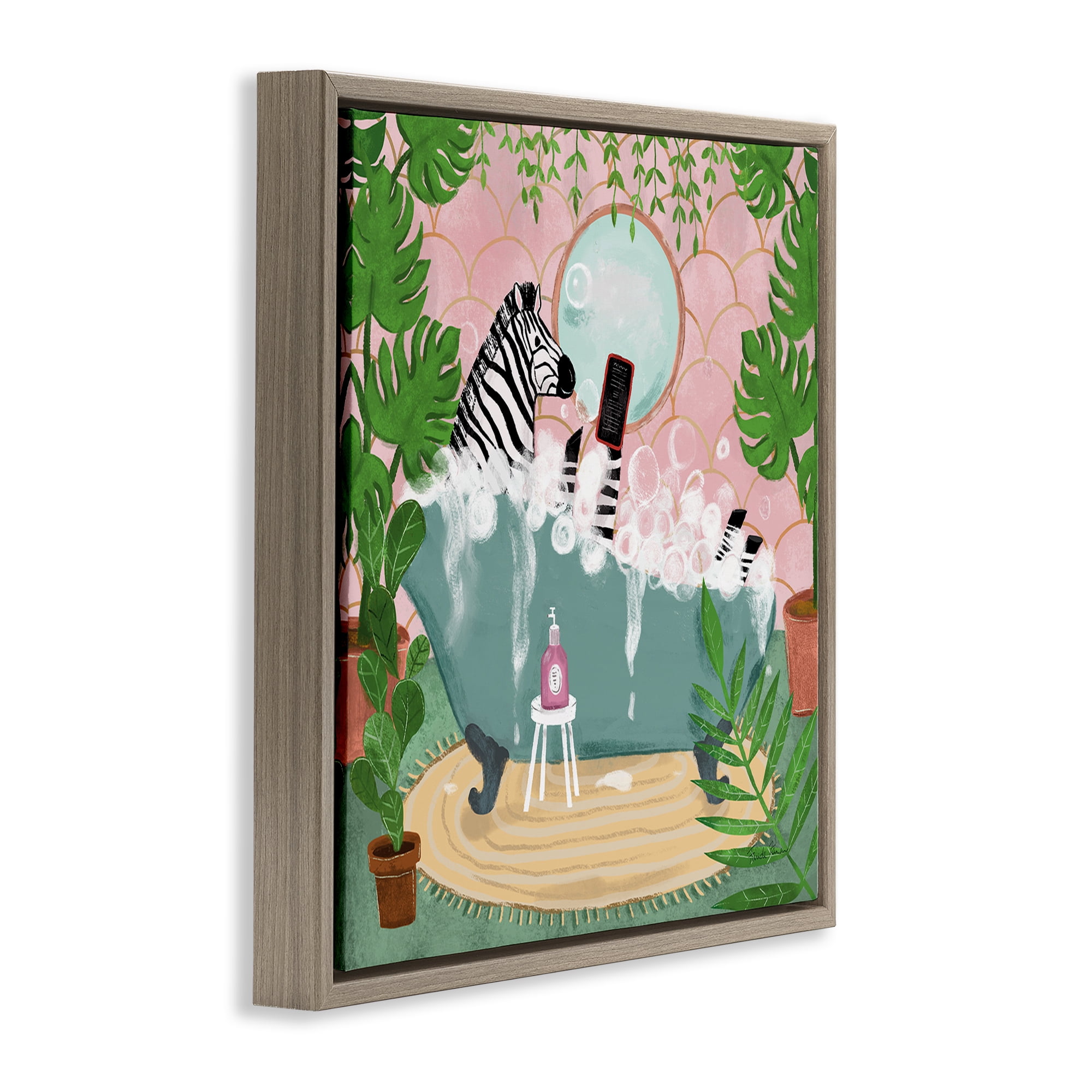 Stupell Industries Zebra Fun Bath Time Typography Painting Brown Floater Framed Canvas Art Print Wall Art, 25 x 25