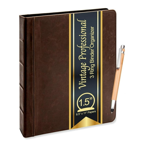 Lee Vintage Professional 3 Ring Binder Organizer, 1.5-inch Round Rings, 8.5" x 11" Sheet Size, 2 Inner Pockets, Appearance of Antique Brown Leather