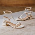 thumbnail image 2 of Women'S Rivets Leather Chunky Block Heel Sandals With Ankle Strap Buckle Fashion Square Open Toe Comfort sexy Gladiator Y2K Sandals For Dress Party Prom Shoes, 2 of 6