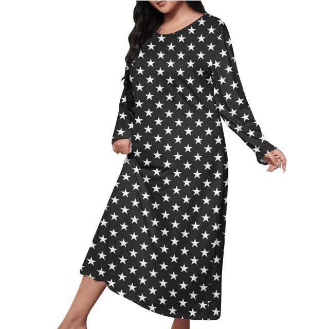 Mgmyaa Chemise de Nuit pour Femmes Manches Longues Col Rond Imprimé Chemise de Nuit Longue Vêtements de Détente Robe Maxi Décontractée Robes de Maison