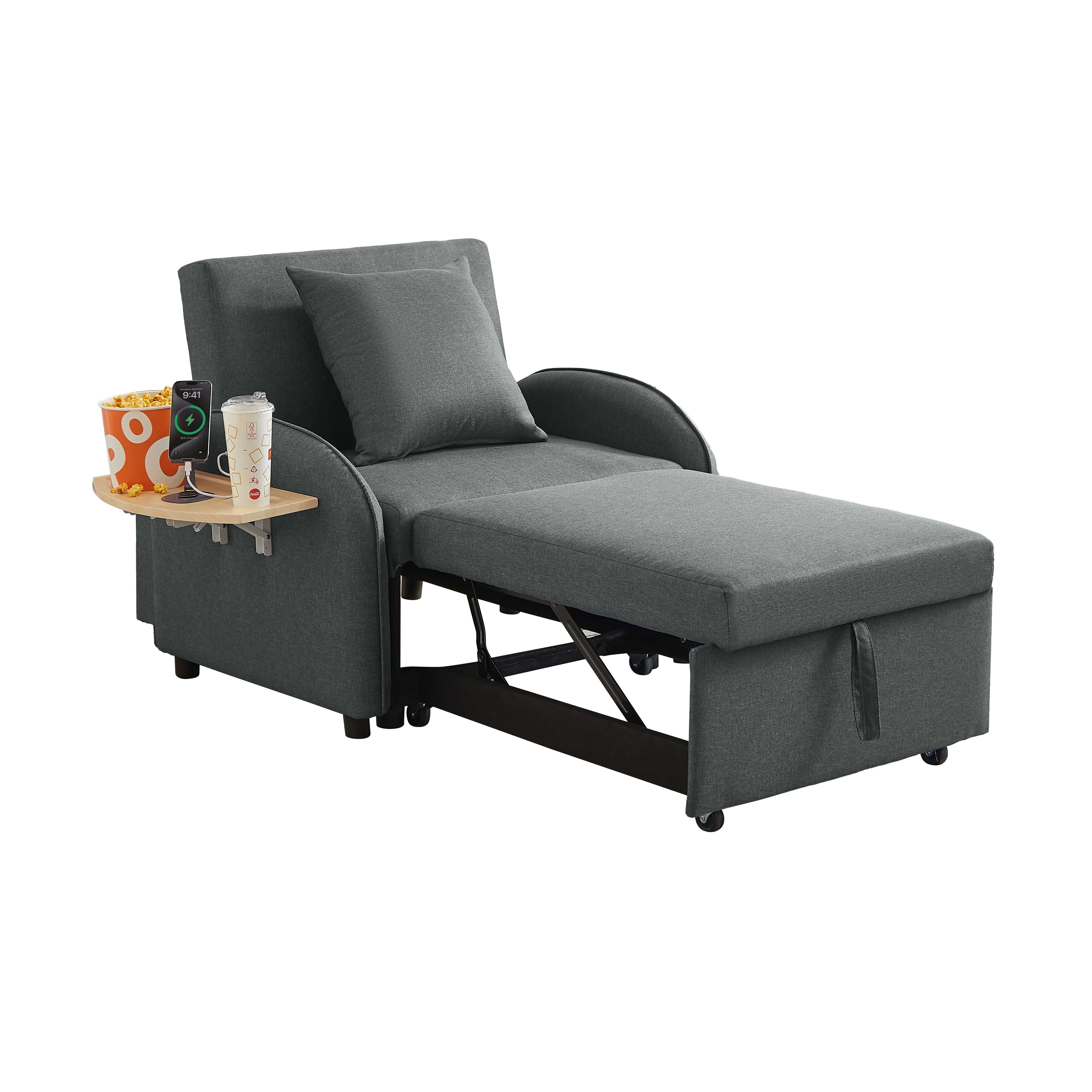 Leumius Convertible Sofa Chair Bed,3-in-1 Sleeper Sofa with Pull-Out Bed and USB Port,Foldable Table,Modern Linen Single Sofa Chair with Reclining Backrest for Living Room Small Space,Dark Gray