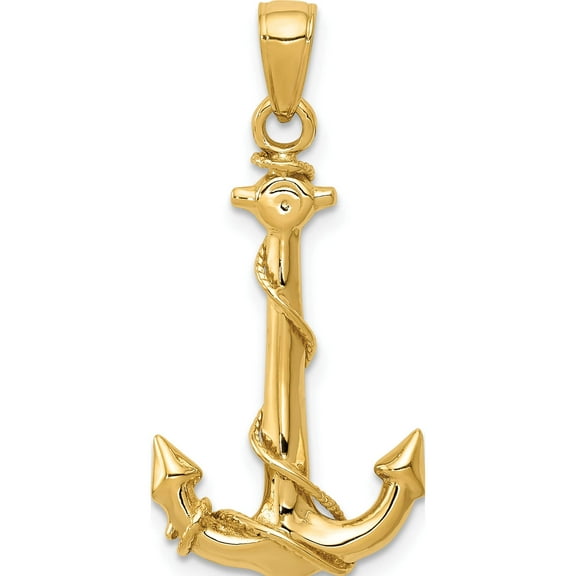 14K Yellow Gold 3D Anchor With Rope Pendant (32 X 16) Made In Peru k3091