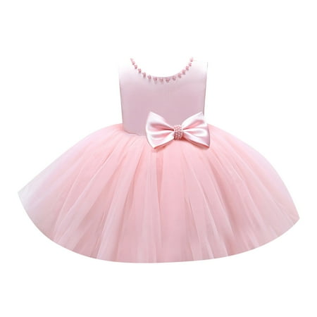 

Dresses For Girls Pageant Party Long Wedding Round Collar Pearl Set Sleeveless Front And Back Bow A Line Summer Dress 3-4Years