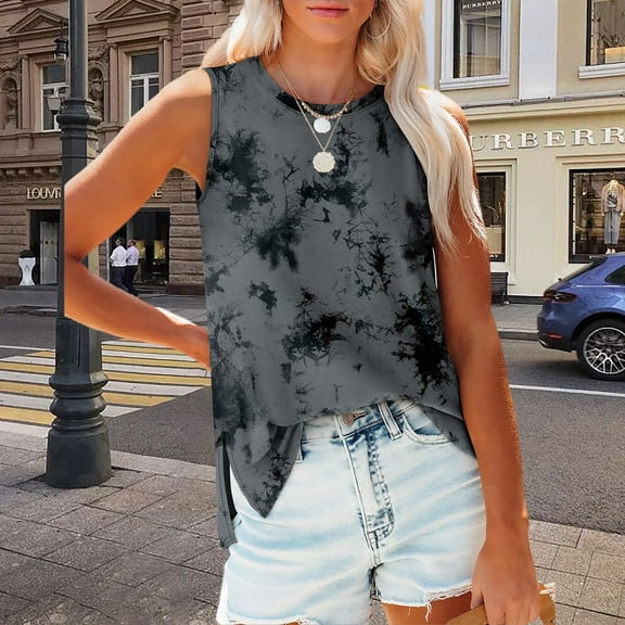 Luowei 2025 Women's Crewneck Sleeveless Summer Tank Tops - Loose Fit Casual Shirts with Side Split Design, Black, M