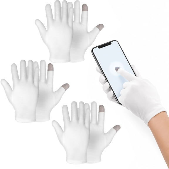 NOGIS 3 Pairs White Cotton Moisturizing Gloves Spa Touch Screen Gloves Overnight Bedtime Moisturizing Hands Gloves Dry Hands Lotion Gloves Eczema Gloves for Men Women (3 Pair)