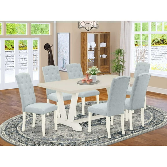 East West Furniture 7-Piece Kitchen Dining Set- 6 Parson Dining Chairs with Baby Blue Linen Fabric Seat and Button Tufted Chair Back - Rectangular Table Top & Wooden Legs - Linen White and Linen...