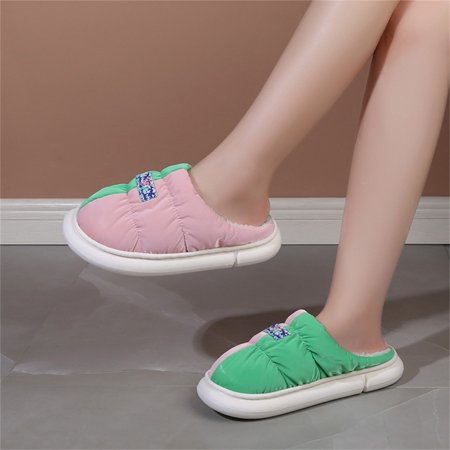 

Mishuowoti slipper for women 2023 Ladies Fashion Colorblock Leather Comfort Flat Bottom Plus Fleece Cotton Slippers