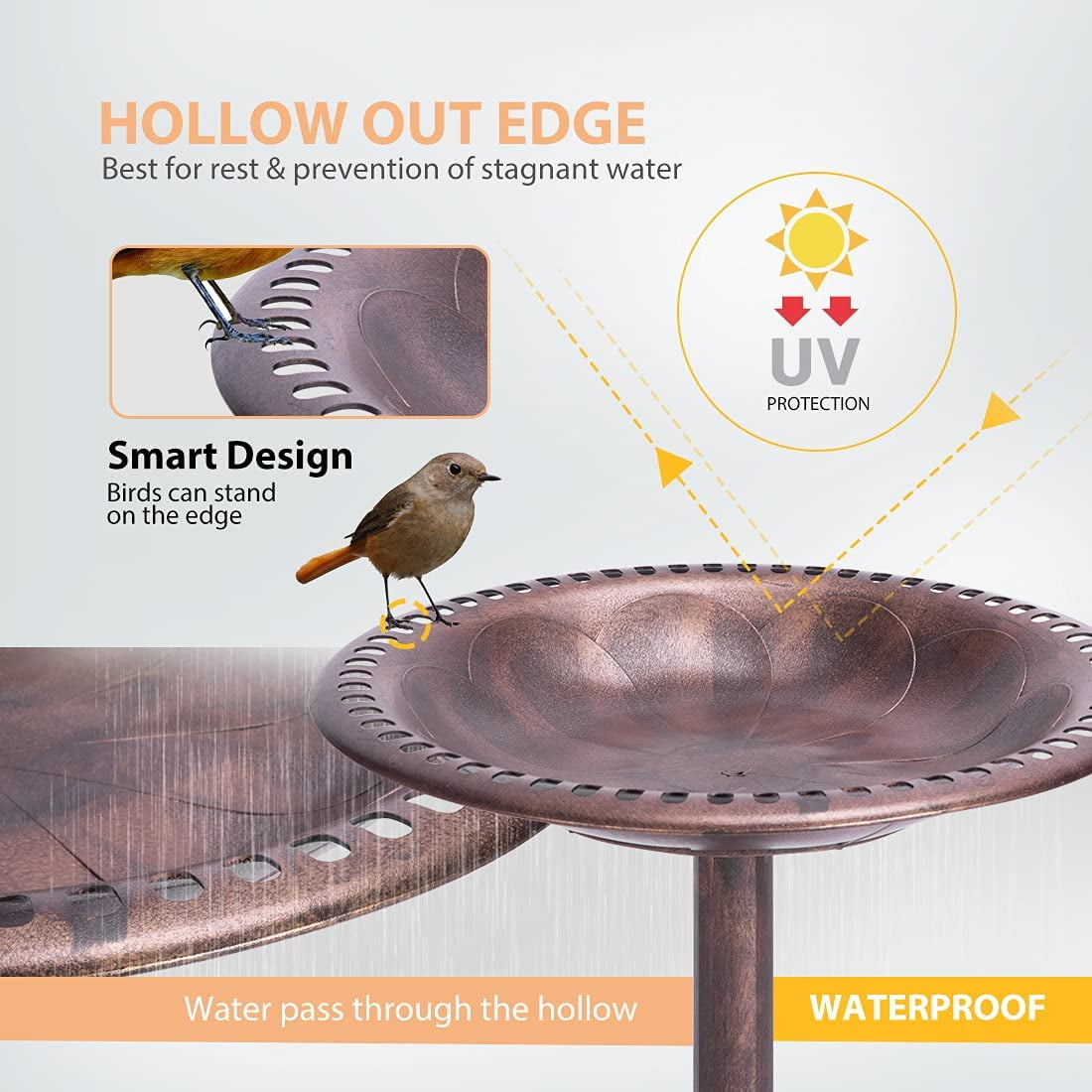 SPECSTAR Bird Bath, 28 inch Height Polyresin Lightweight Antique Outdoor Garden Birdbath Bronze