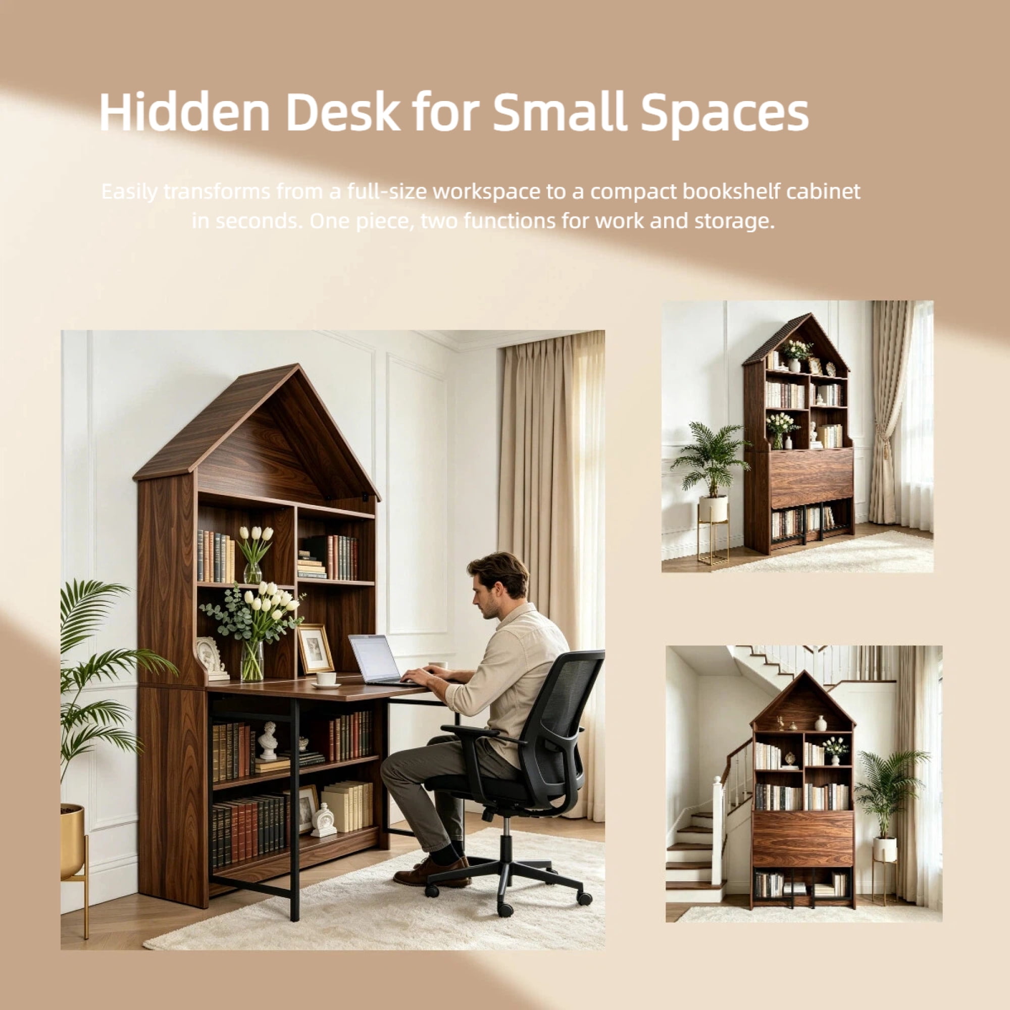 Leumius Folding Craft Desk with Storage Shelves, Convertible Hideaway Desk to Bookshelf, Foldable Desk with Storage, Disappearing Desk for Living Room Home Office Walnut