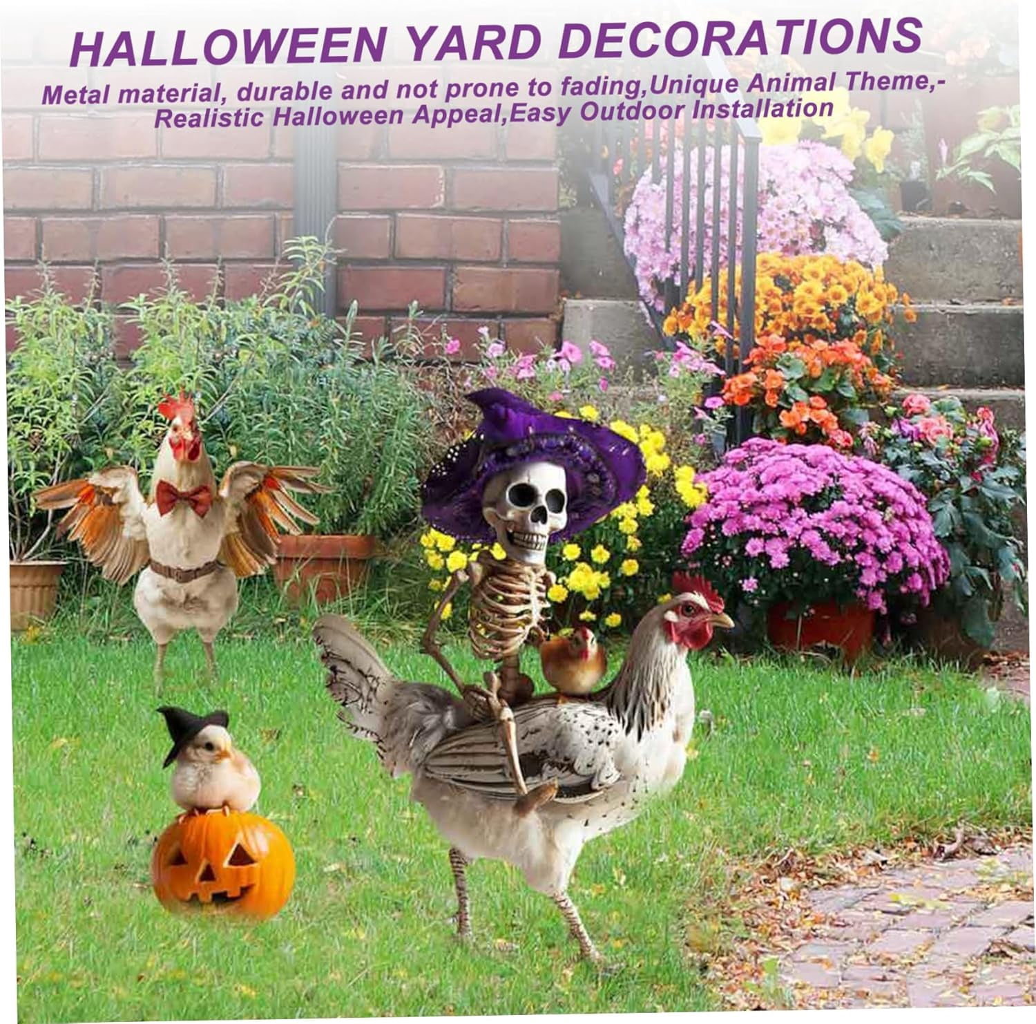 2-Piece Metal Chicken Skeleton Halloween Decor – 2D Rooster Yard Art with Stakes, Realistic Farm Animal Ornament for Outdoor Garden, Lawn, and Yard Display