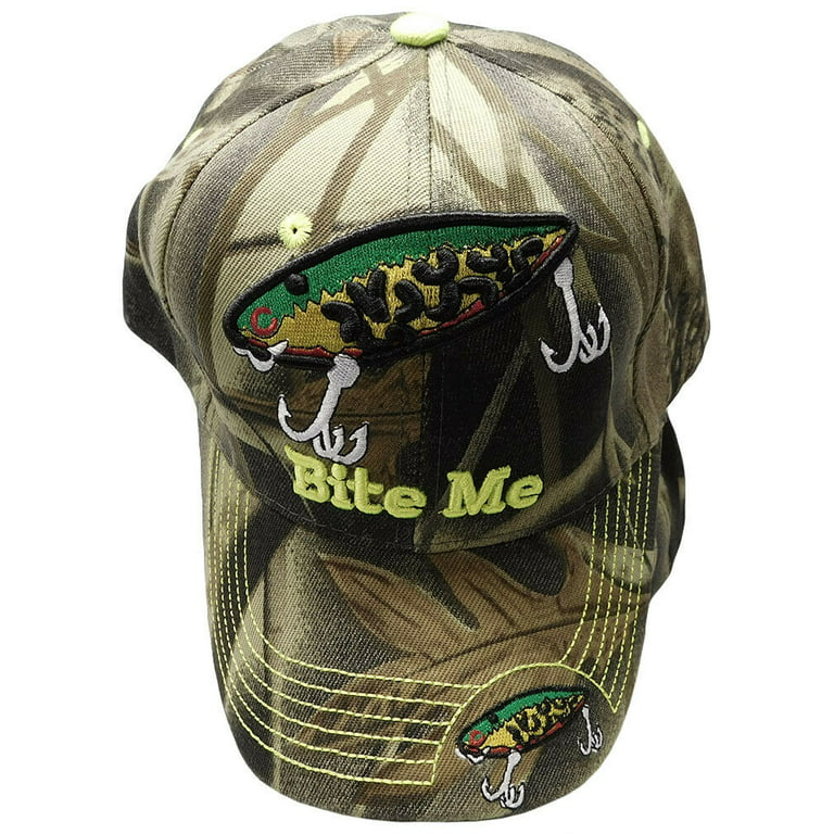 Bite Me Fishing Lure Fish Bass Full Woodland Camouflage Camo Embroidered Cap  Hat 