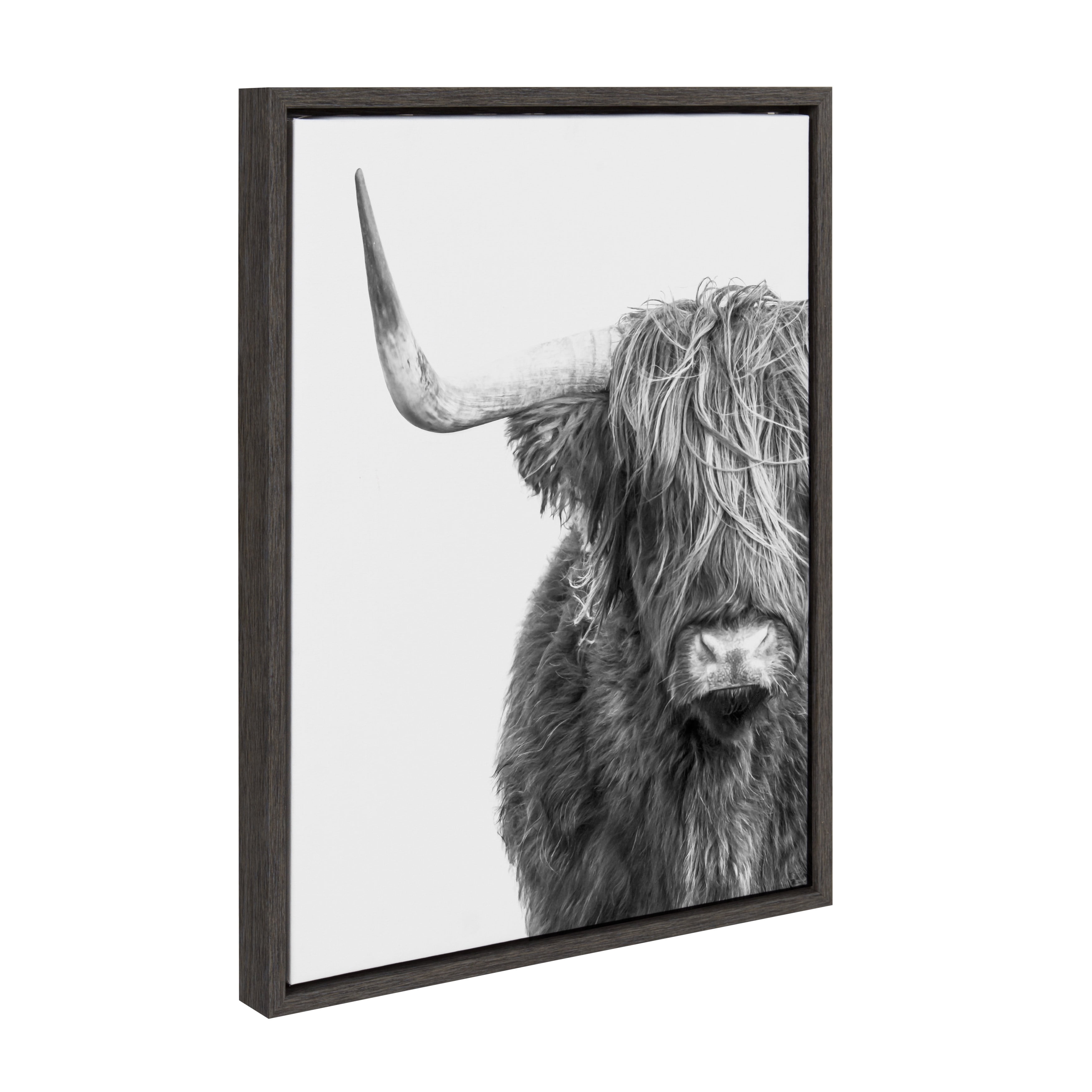 Kate and Laurel Sylvie Highland Cow Black and White Portrait Dark Gray Framed Canvas by Amy Peterson, 18x24 Gray, Adorable Wall Decor for Living Room, Nursery