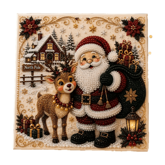 1 PC DIY Christmas Pearl painting Art Kit ,Full Round Pearl Diamond Canvas Picture Sparkling Rhinestone Wall Ornament for Home Xmas Holiday DIY Craft Decor,Santa with Reindeer Theme