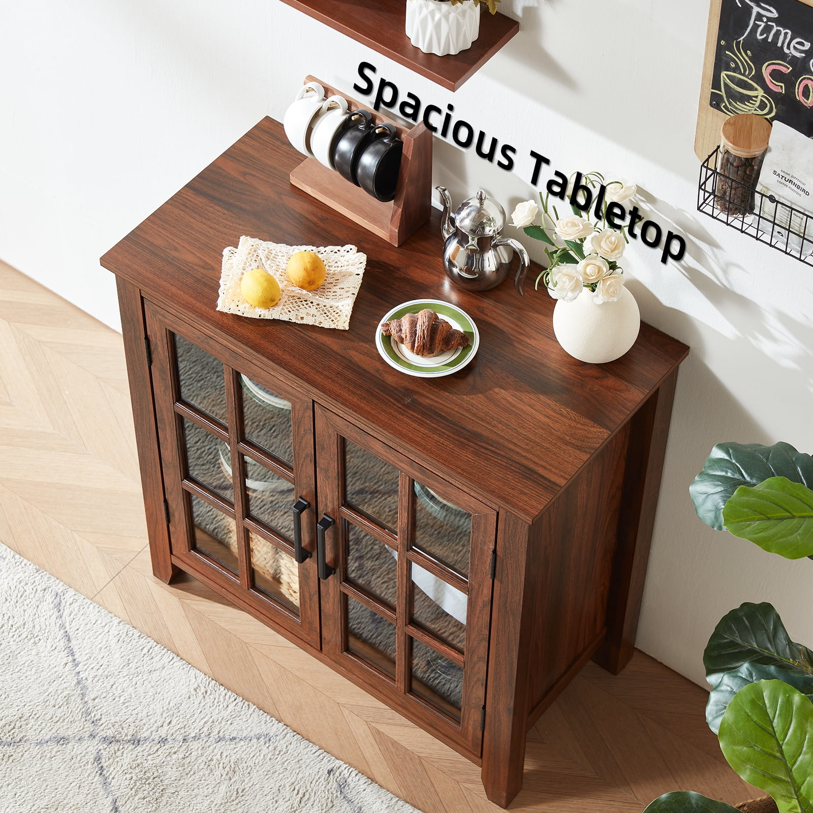 31.5" Rustic Buffet Cabinet with 2 Glass Doors, Compact Sideboard Kitchen Storage Cabinets Coffee Bar Cabinet for Living Room, Brown