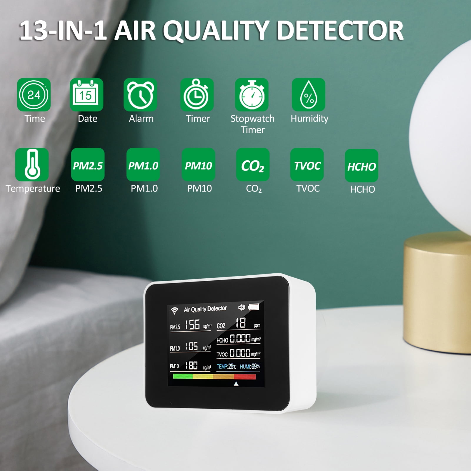 RAPOBRIX WiFi Air Quality Meter, 13 in 1 Indoor Air Quality Monitor - CO₂ TVOC HCHO PM2.5 PM1.0 PM10 Humidity and Temperature Time Date Alarm Timer and Stopwatch Alarm Timer for Home Offices School