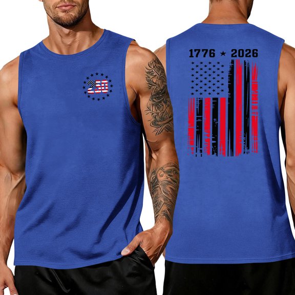 250th Anniversary Tank Tops for Men Sleeveless Crew Neck Usa Flag Print Daily Patriotic Vest Stretchy Summer Casual T-Shirts ,XXL,#01 Blue