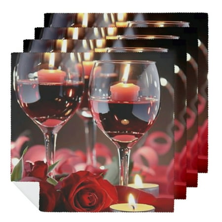 

QFMY Roses Candles Wine Cloth Napkin Reusable Party Dinner Decoration Washable Napkins 6 PCS