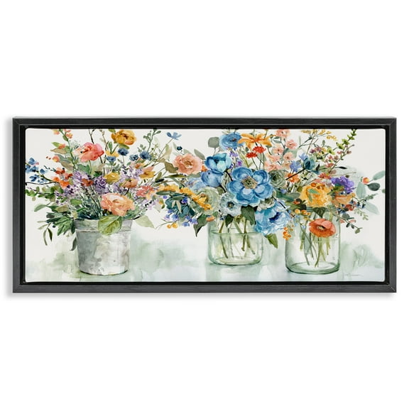 Stupell Industries French Cottage Flower Jars Botanical & Floral Painting Black Floater Framed Canvas Art Print Wall Art, 25 x 11