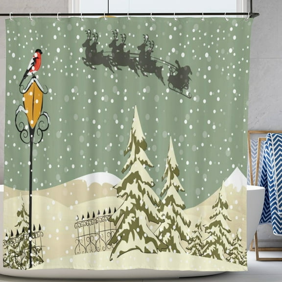 Christmas Shower Curtain Cloth Fabric Bathroom Decor Set with Hooks Winter Season Bath Curtain 72" W x 72" L