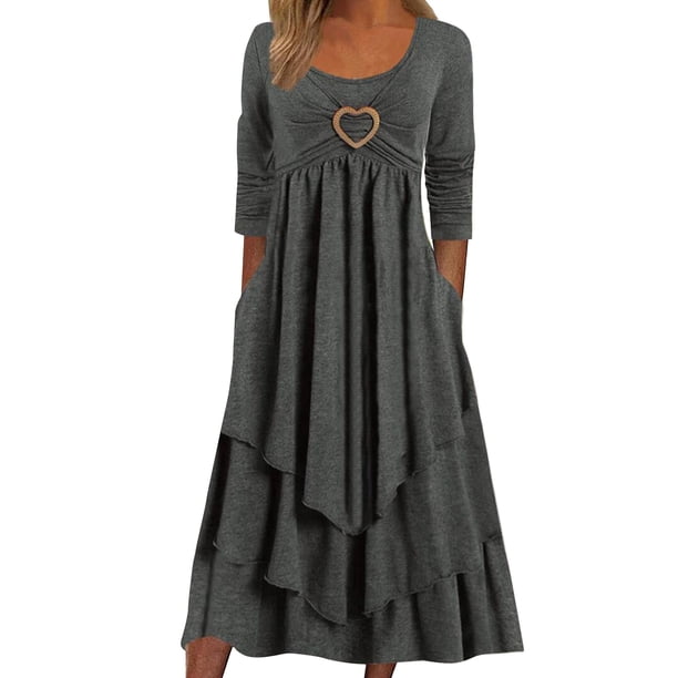 Vestido holgado de manga larga con fruncidos para mujer - Cuello redondo, fluido, poliéster, informal/para todas las ocasiones - S-XXL