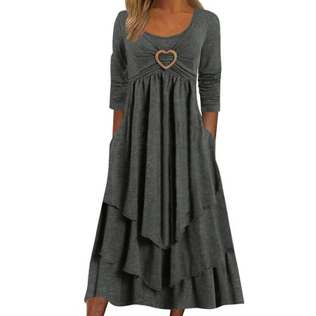 MNCEKFOD Dresses for Women 2025 Loose Fit Half Sleeve Dress Crewneck Flowy Ruched Square Collar Solid Relaxed Fit Dress Dark Gray XXL