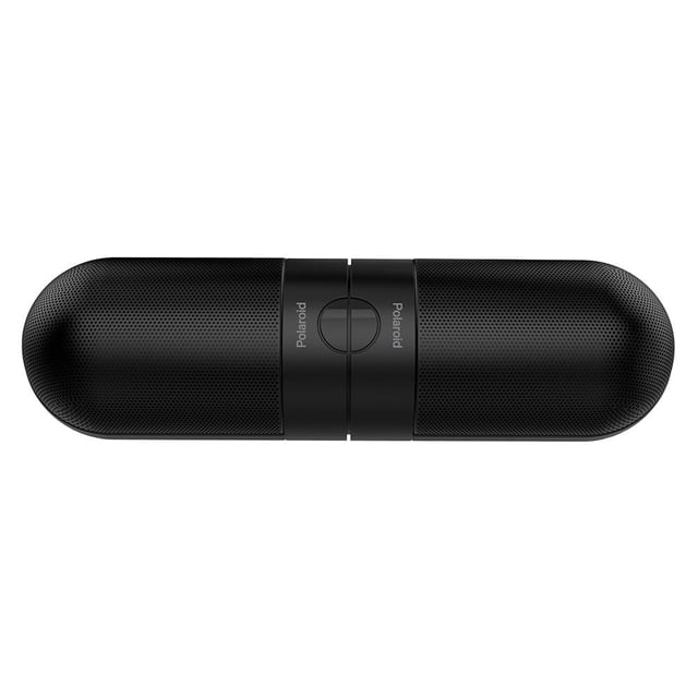 Bocina Portátil Polaroid POAUSP010 Negro con diseño compacto y alargado, vista superior con rejillas perforadas negras mate y botón circular central con logo Polaroid. Ofrece conexión Bluetooth con tecnología TWS para sonido surround, batería recargable de 2000mAh y potencia RMS de 10W, ideal para uso portátil en exteriores o interiores.