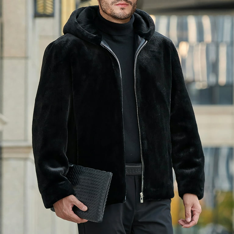 Men Faux Fur Hooded Winter Warm Fleece Lined Leather Jackets Coat