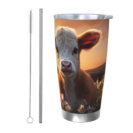 

Susaid Sunset Calf Flower Field Print 20oz Car Cup Insulated Coffee Cup Fully Spill Proof Travel Coffee Mug Stainless Steel Tumbler for Work Home Outdoor Car-Straw Two-piece Set