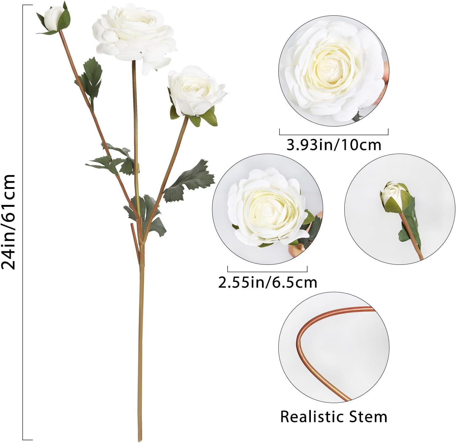White Ranunculus Artificial Flower 5Heads '' Long Stems Silk Ranunculus Fake Peonies Artificial Flowers for DIY Wedding Bouquets Home Kitchen Decorations (White)