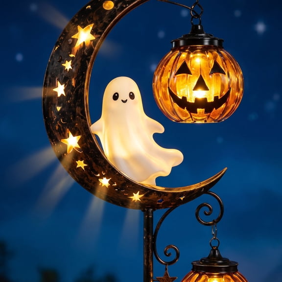 Solar Pumpkin Moon Garden Stake Light & Ghost, Halloween Decorations Outdoor, Metal Moon Ghost Pumpkin Lantern Pathway Light Waterproof for Lawn Yard