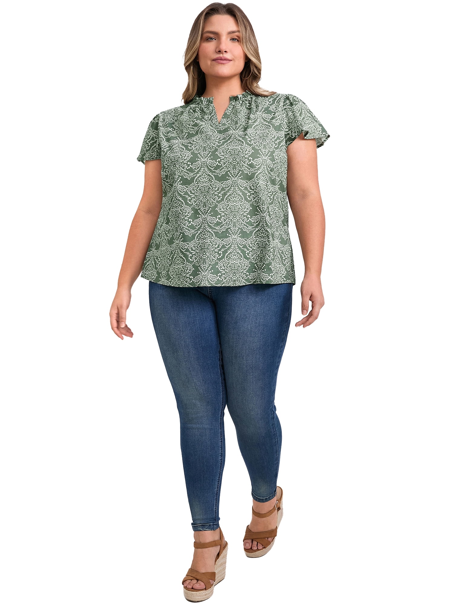 DARING DIVA Women's Plus V Neck Short Sleeve Flowy Casual Blouse 2X Gray Green