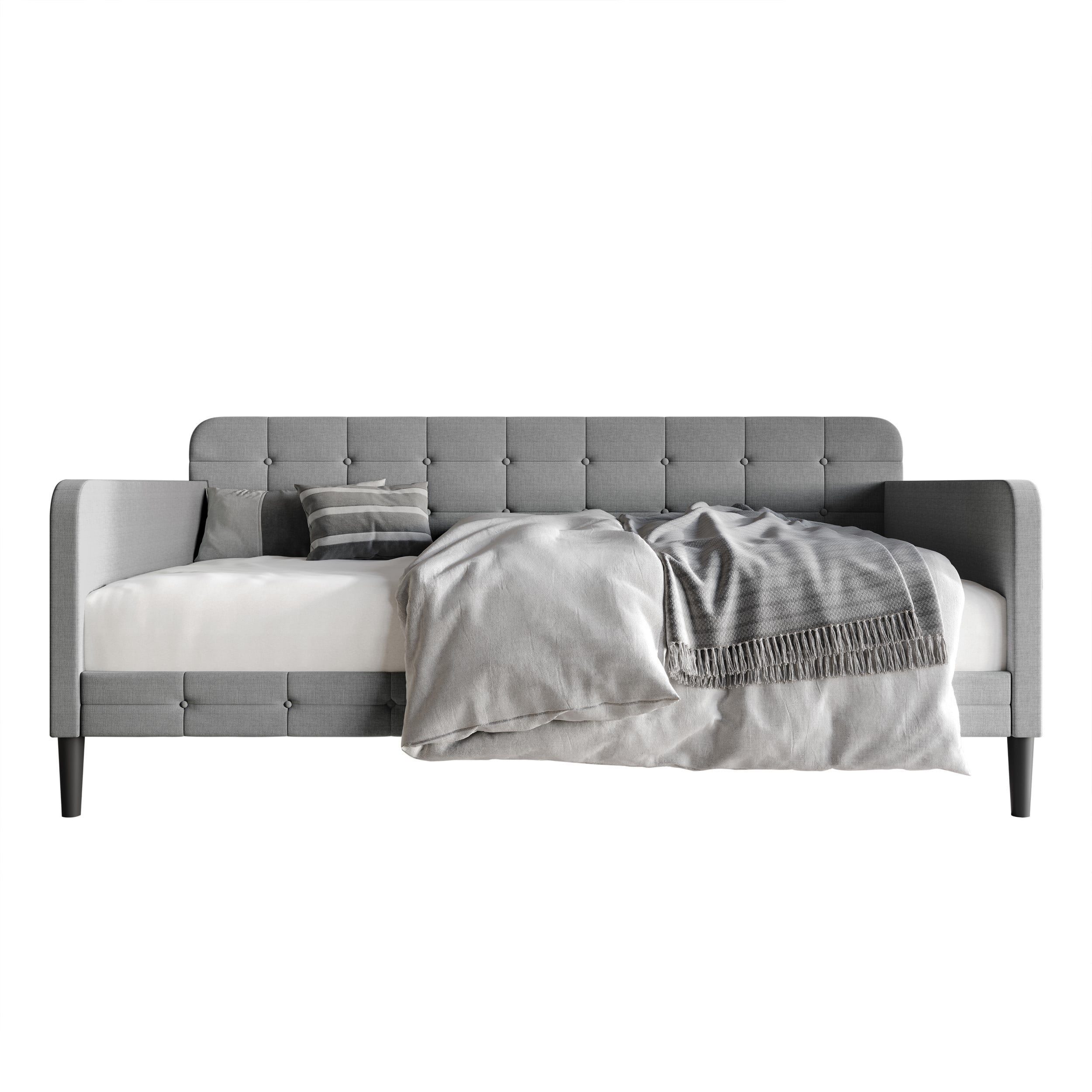 Home Design Fallon Twin Daybed with Velvet Upholstery, Foam Padding, Square Arms, Biscuit-Style Button Tufting, Stylish Seating and Sleeping Solution, Gray