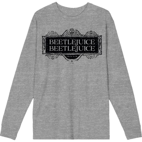 Beetlejuice Beetlejuice Black Sign Logo Adult Heather Gray Crew Neck Long Sleeve Shirt-Medium