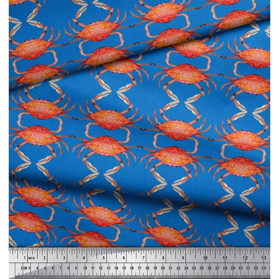 Soimoi Blue Georgette Viscose Fabric Crabs Ocean Print Fabric by the Yard 42 Inch Wide