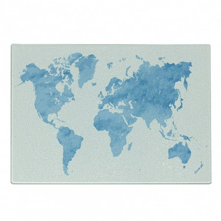 

Map Cutting Board Blue Watercolor Style World Map Pastel Colored Display of Continents Decorative Tempered Glass Cutting and Serving Board Small Size Pale Blue White by Ambesonne