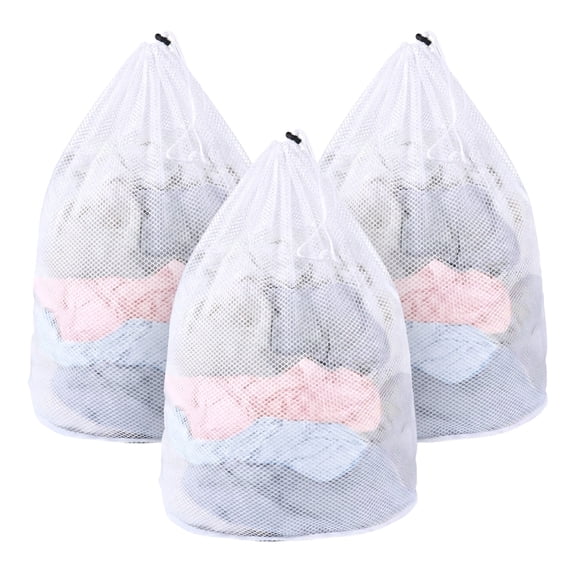 MADIKA 3 Pack Mesh Laundry Bags with Adjustable Single Shoulder Straps 28" x 26" Sturdy Nylon Material Laundry Liners with Drawstring Closure White