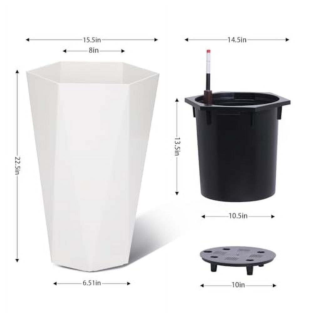 22.4 Inch Tall Planters Set of 2, Large Flower Pot Outdoor and Indoor, with 2 Trays and a Water Level Monitor and Wheels for Patio, Porch, Living Room, or Home Office