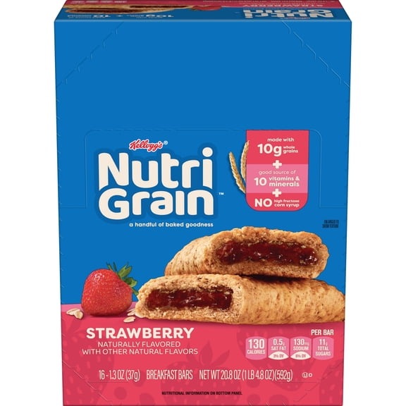 Kellogg's Nutri-Grain Strawberry Chewy Soft Baked Breakfast Bars, Made with Whole Grains, 20.8 oz, 16 Count