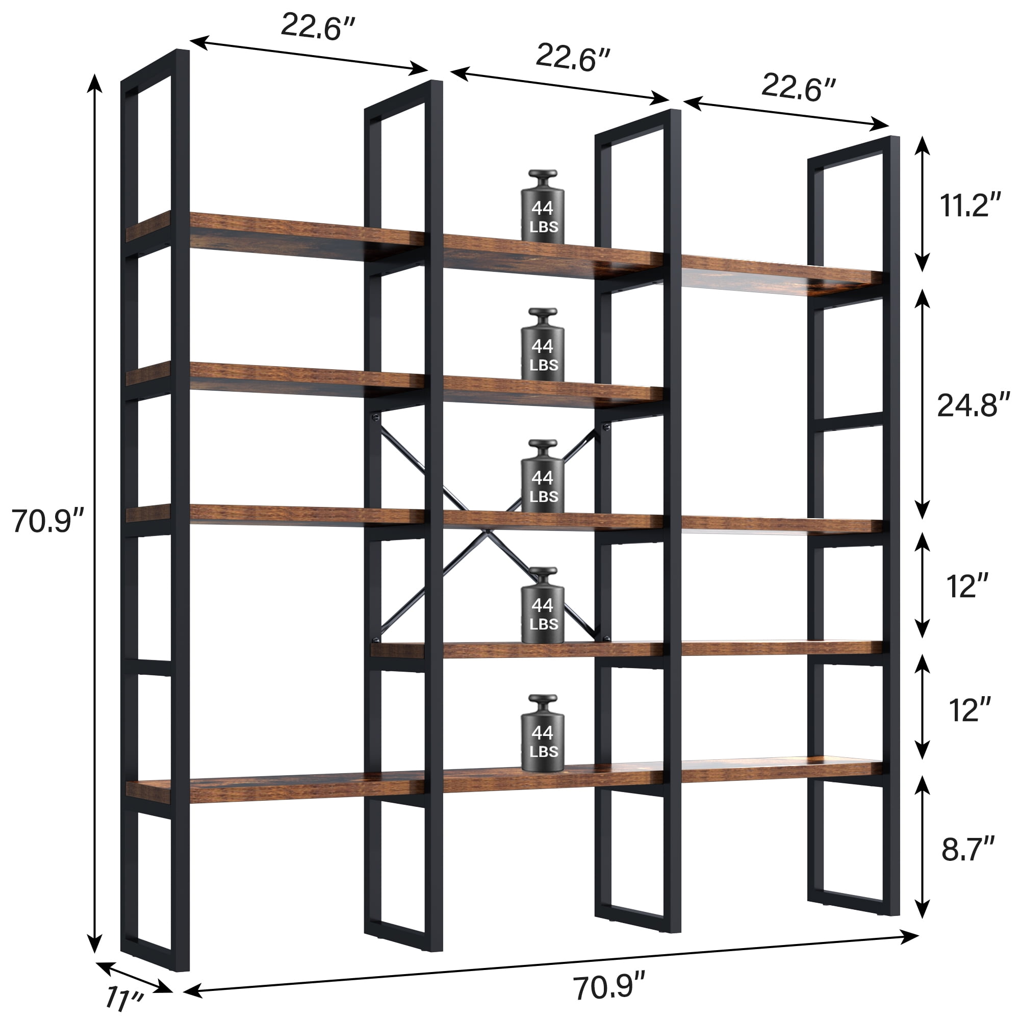 ModFurne Large Bookshelf 5 Tiers, Triple Wide Geometric Bookcase, 71 Inches Tall Industrial Book Shelves Etagere Book Case, Brown