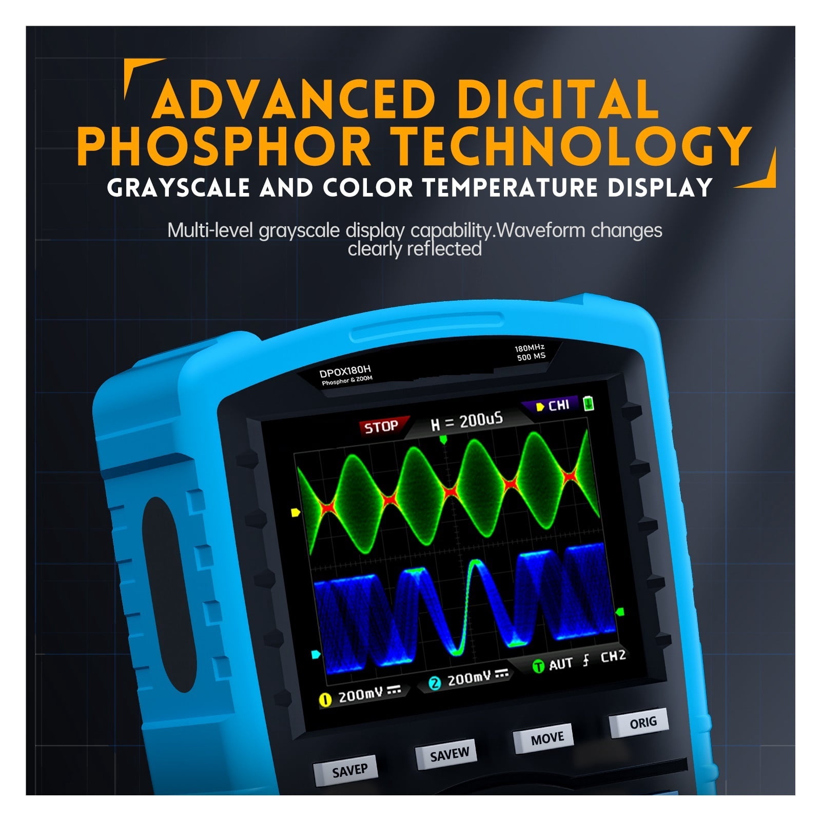 DPOX180H Handheld Dual Channel Digital Oscilloscope 180MHz-3DB 2 In 1 Function Signal Generator Fluorescence Display ,Professional Designed