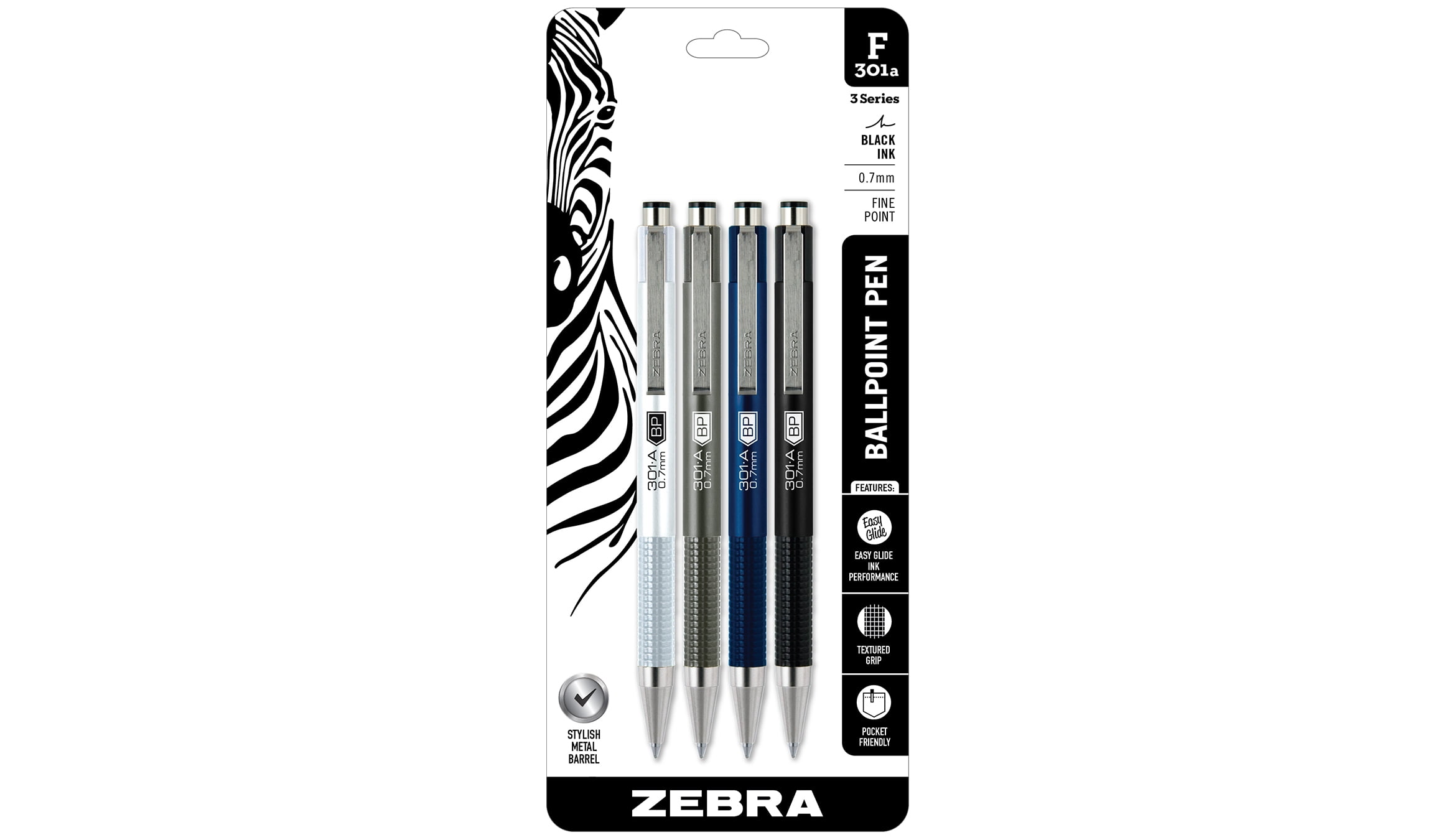 Zebra Pen F-301A Retractable Ballpoint Pen, Premium Metal Barrel in Assorted Colors, Fine Point, 0.7 mm, 4 Per Pack